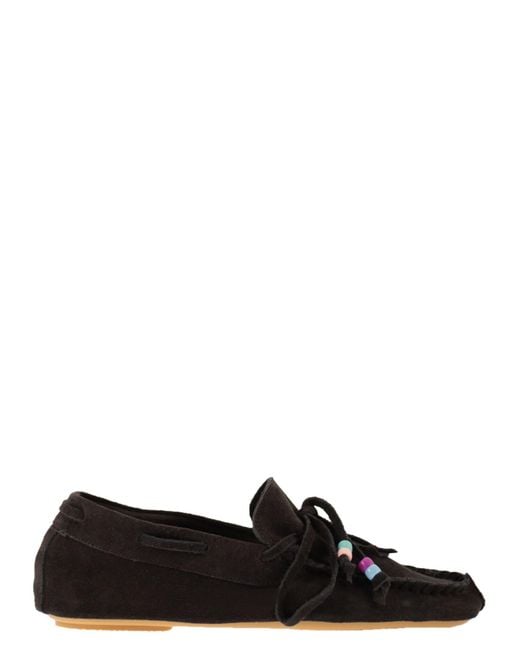 Anniel Black Suede Loafers With Fringes And Decorative Laces
