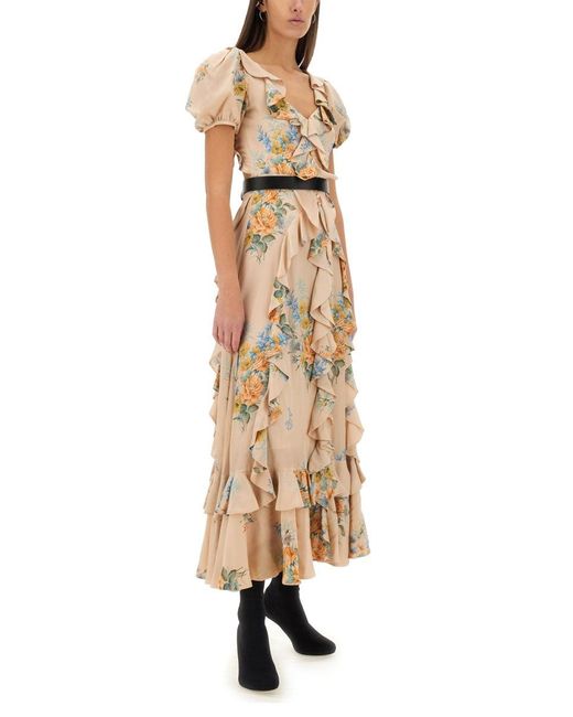McQueen Metallic Floral Print Ruched Silk Dress