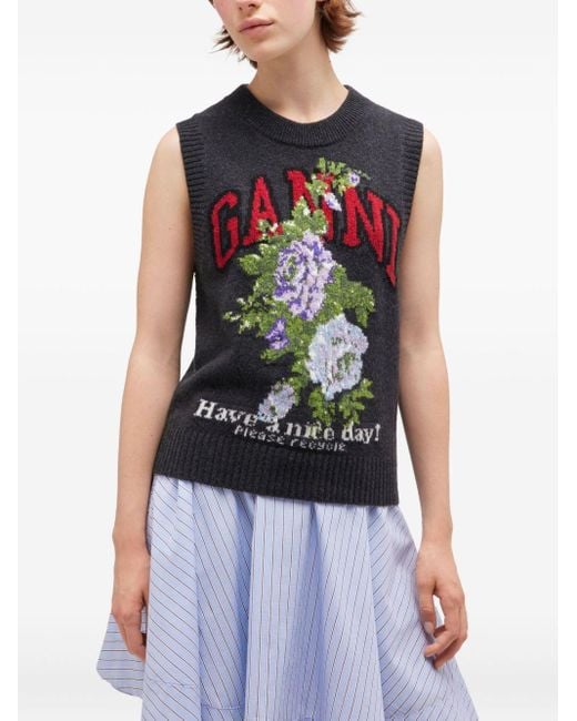 Ganni Gray Flowers Wool Vest