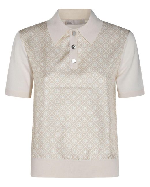 Tory Burch Natural Geripptes Kragen Poloshirt