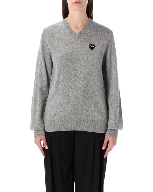 COMME DES GARÇONS PLAY Gray Wool V-Neck Sweater With Heart And Crystals for men