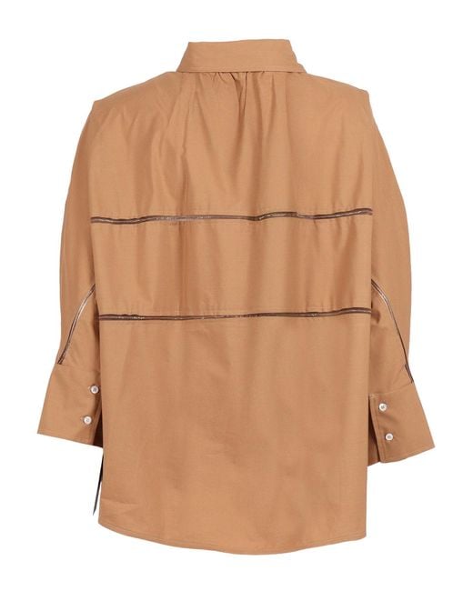 Fabiana Filippi Brown Poplin 3/4 Sleeve Shirt With Tulle And Filo Diamante Detail