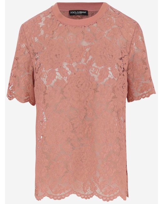 Dolce & Gabbana Viscose En Cotton Blend Floral Drawstring Lace Top in het Pink