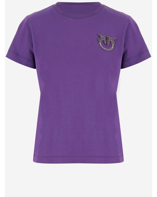 Pinko Purple Cotton T Shirt With Love Birds Jewel Embroidery