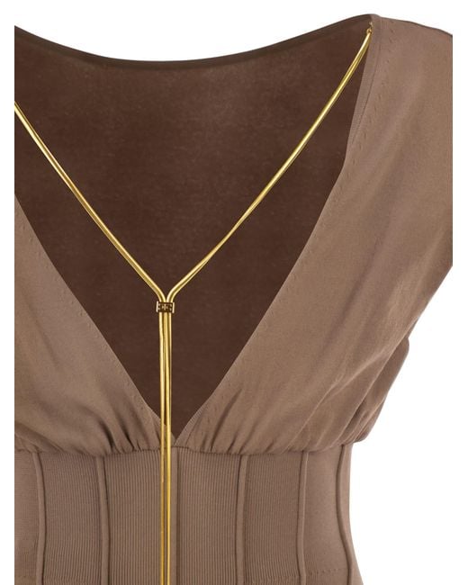 Elisabetta Franchi Brown Knit Bodysuit With Deep Neckline And Jewel Detail