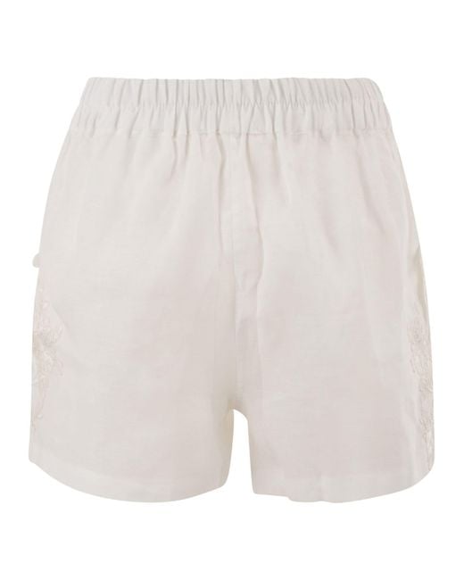 Maurizio Mykonos White Linen Shorts With Embroidery And Elasticated Waistband