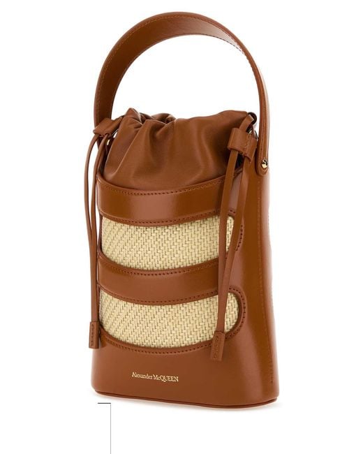 McQueen Brown Two-Tone Leather And Raffia Mini The Rise Bucket Bag