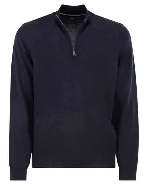 Boss Blue Virgin Wool Jumper With Zip Collar for men