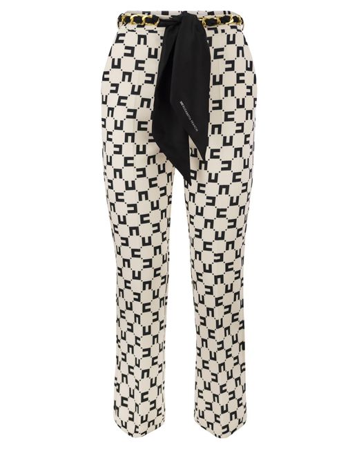 Elisabetta Franchi White Logo Print Stretch Crepe Trousers With Foulard Belt