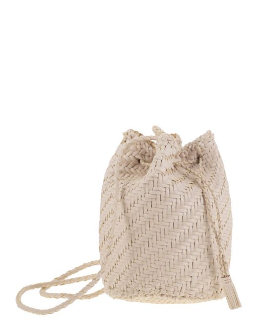 Dragon Natural Pompom Double Jump Bucket Bag With Woven Leather