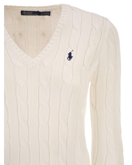 Polo Ralph Lauren White Cotton Cable Knit Jumper With V-Neck