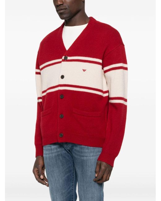 Emporio Armani Red Wool V-Necked Cardigan for men