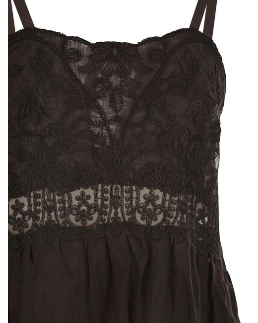 Maurizio Mykonos Black Long Linen Dress With Embroidered Bodice And Slim Straps