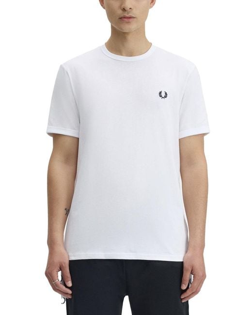 Fred Perry White T Shirt "Ringer" Con Logo