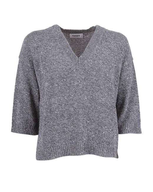 Kangra Cashmere Gray Sequined Sweater With Elbow-Length Sleeves Crewneck