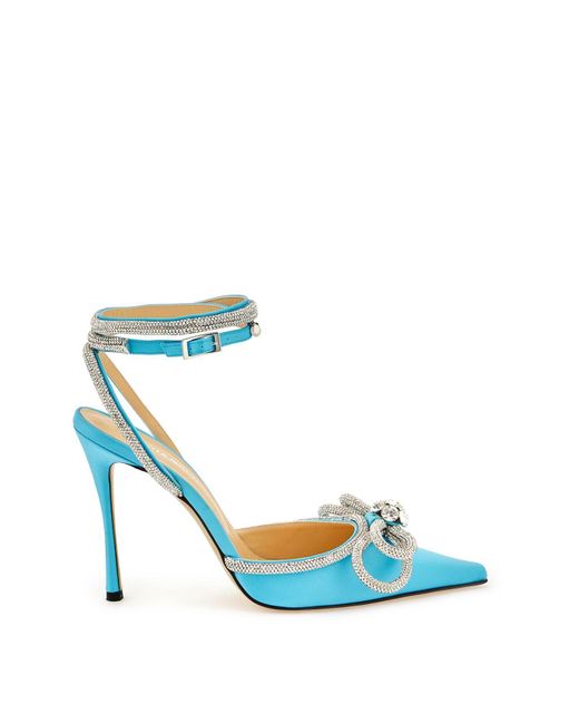 Mach & Mach Blue Double Bow Crystal-embellished Satin Heeled Sandals