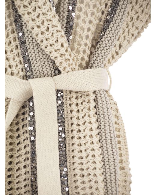 Deslumbrante cárdigan en yute, lino, algodón y puntada de red de seda con cinturón Brunello Cucinelli de color Natural
