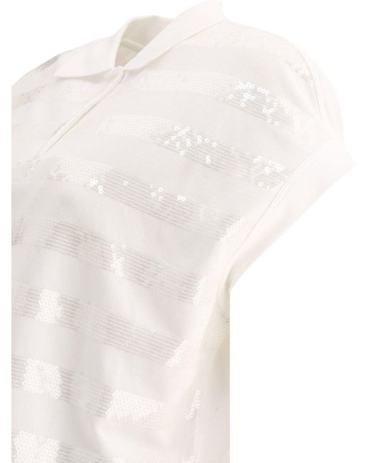 Cotton Piqué Polo Shirt con strisce abbaglianti di Brunello Cucinelli in White