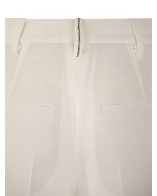 Brunello Cucinelli White Schleuende Hosen in Viskose- und Leinenflüssigkeits -Twill mit Monilin
