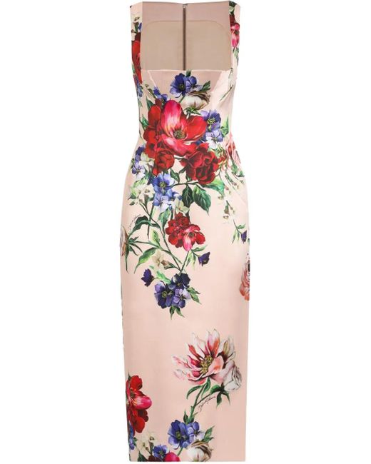 Vestido Longuette De Tubo De Raso Con Estampado A Flores Dolce & Gabbana de color Pink
