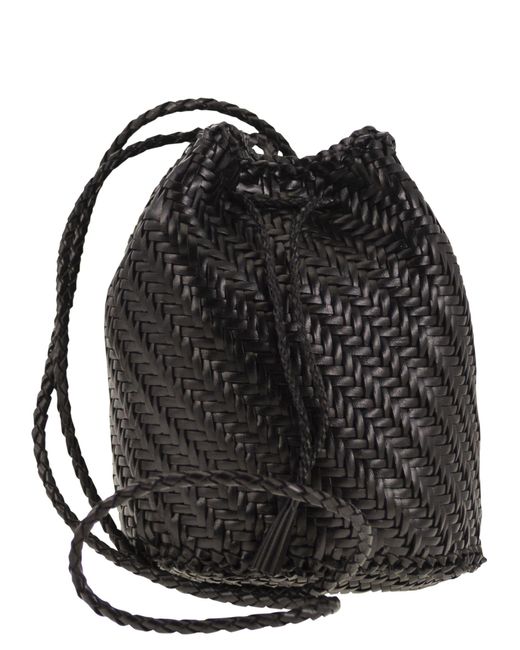 Dragon Black Pompom Double Jump Bucket Bag With Woven Leather