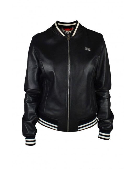 Philipp Plein Black Leather Bomber Jacket With Heart