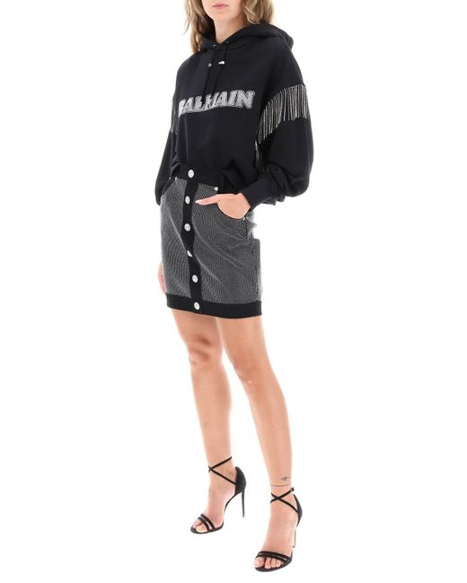 Balmain Black Colled Hoodie mit Strass -Logo und Kristallcupchains