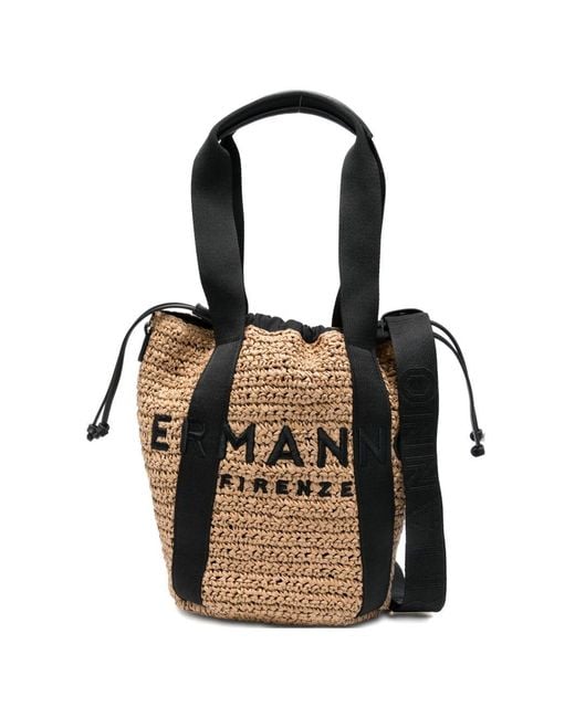 ERMANNO FIRENZE Black Small Rafia Tote Bag