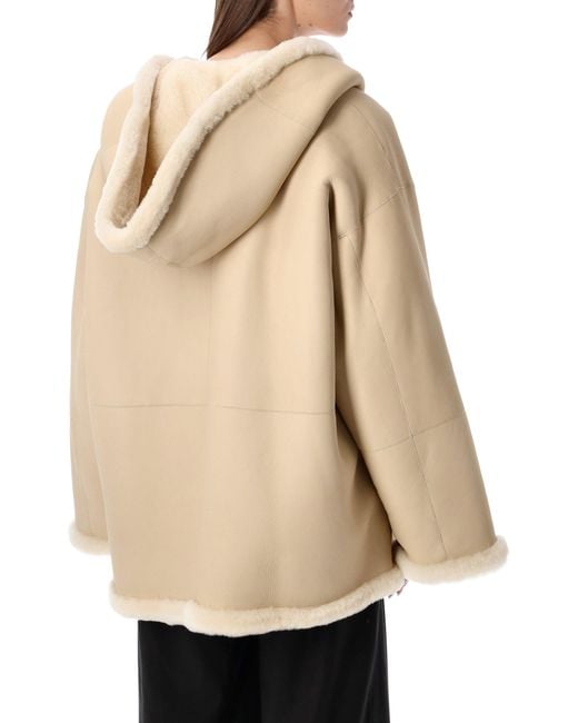 Alberta Ferretti Natural Reversible Hooded Shearling Jacket