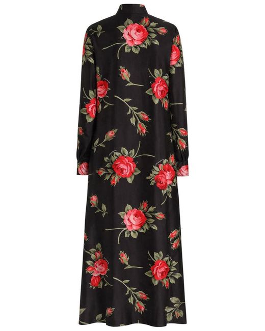 Dolce & Gabbana Red Rose Bouquet Print Twill Long Dress