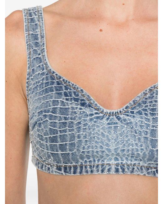 Self-Portrait Blue Rhinestone Croc Effect Denim Bralette
