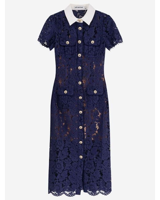 Self-Portrait Blue Midi Dress With Contrasting Lace Collar