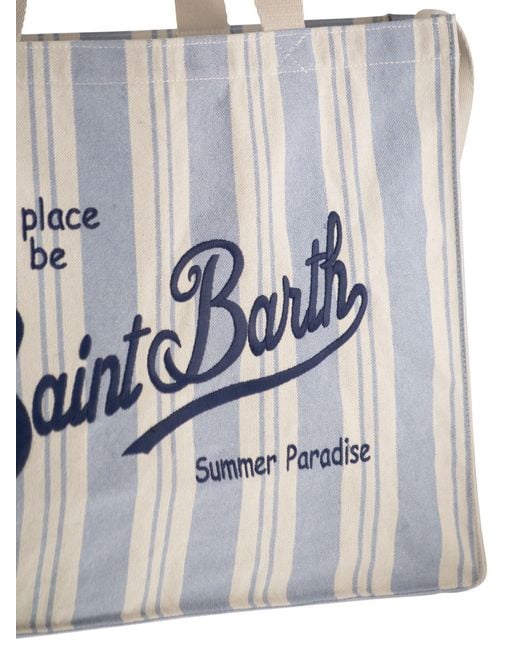 Mc2 Saint Barth White Striped Canvas Tote Bag With Embroidered Logo