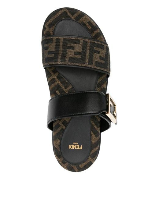 Fendi Black Ff Monogram Leather Sandals