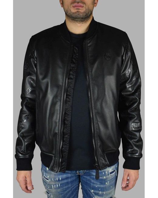 Philipp Plein Black Leather Bomber Jacket for men
