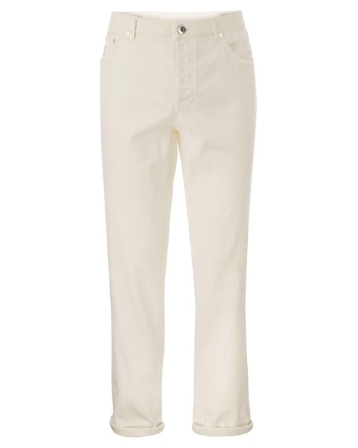 Five Pocket Traditional Fit pantals con comodidad ligera teñida de mezclilla Brunello Cucinelli de hombre de color White