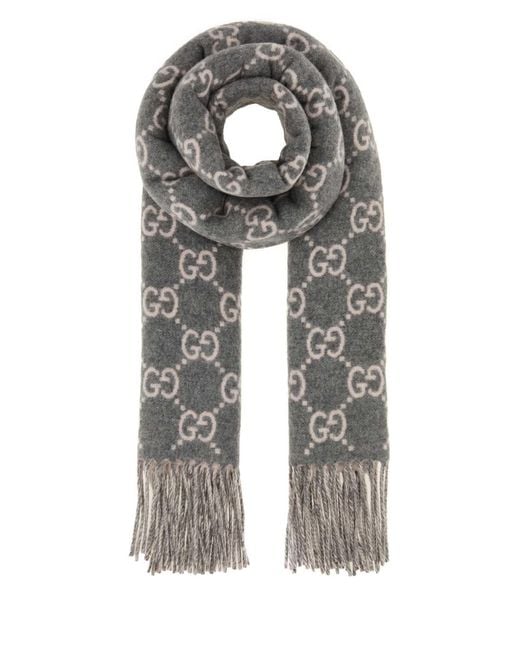 Gucci Gray Embroidered Cashmere Reversible Scarf