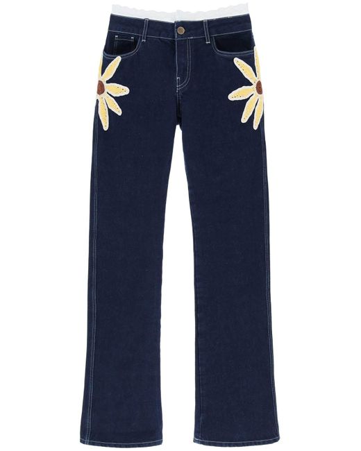Siedres Blue Low Rise Jeans With Crochet Flowers