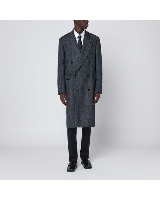 Lardini Black Herringbone Double Breasted Coat for men