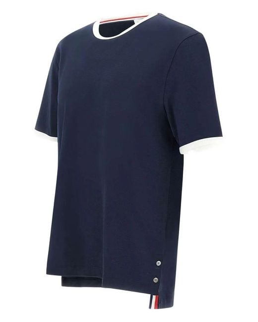 Thom Browne Blue Contrasting-Trim T-Shirt for men