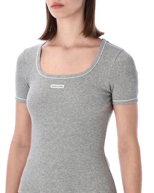 MARINE SERRE Gray Light Ribbed Squareneck T-Shirt