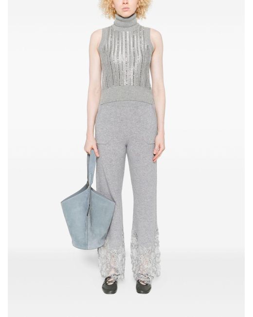 Ermanno Scervino Gray Lace-Trimmed Cashmere Trousers
