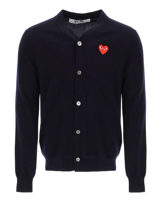 COMME DES GARÇONS PLAY Blue Wool Cardigan With Heart Patch