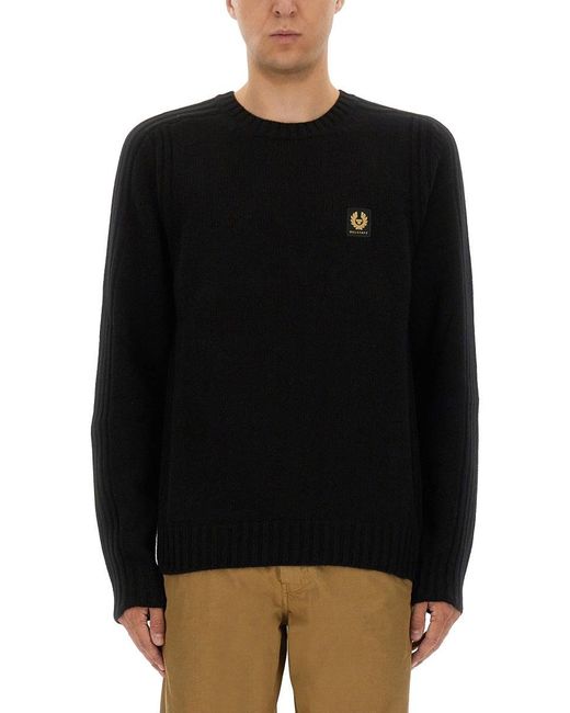 Belstaff Black Ribbed Merino Wool Sweater With Logo Patch for men