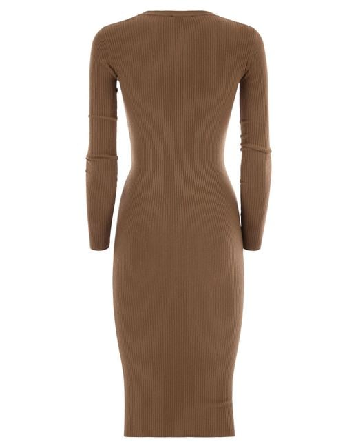 Elisabetta Franchi Brown Ribbed Knit Dress With Pocket