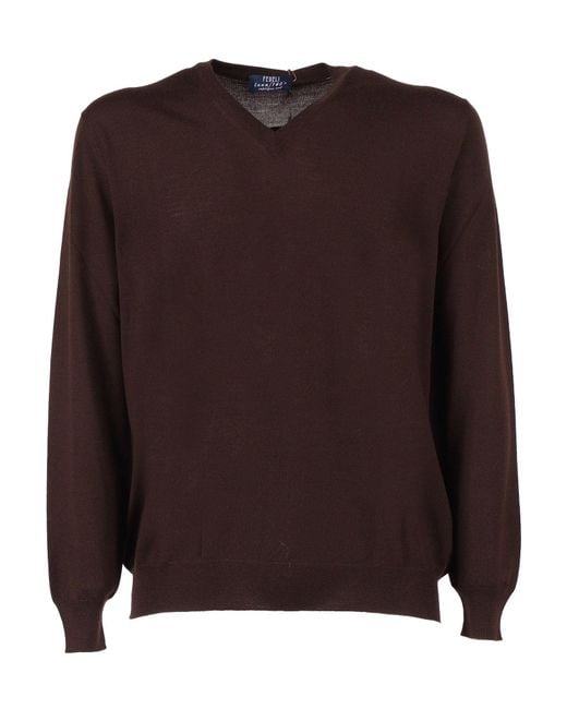 Fedeli Brown V Neck L/S Knitted Sweater