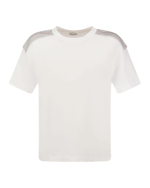Brunello Cucinelli Stretch Cotton Jersey T -shirt Met Glanzende Schouders in het White