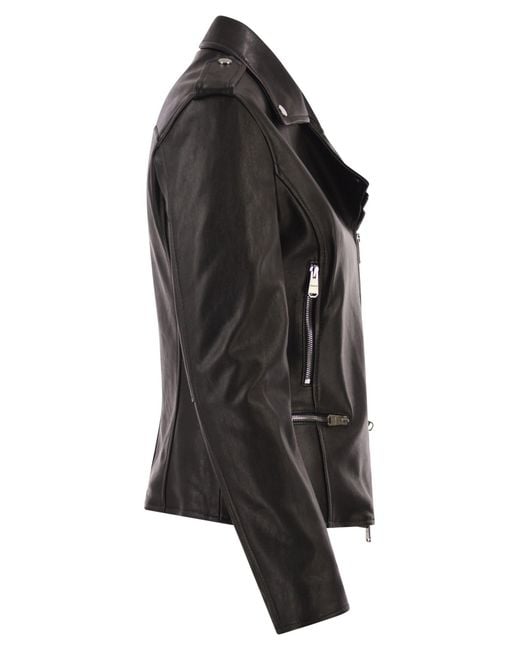 Dondup Black Lamb Leather Biker Jacket With Asymmetric Zip