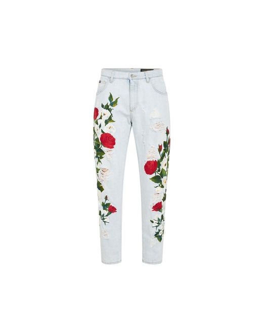 Dolce & Gabbana White Embroidered Denim Jeans for men