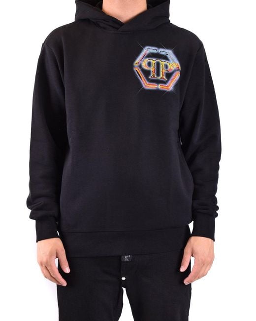 Philipp Plein Black Hoodie Sweatshirt Hexagon for men